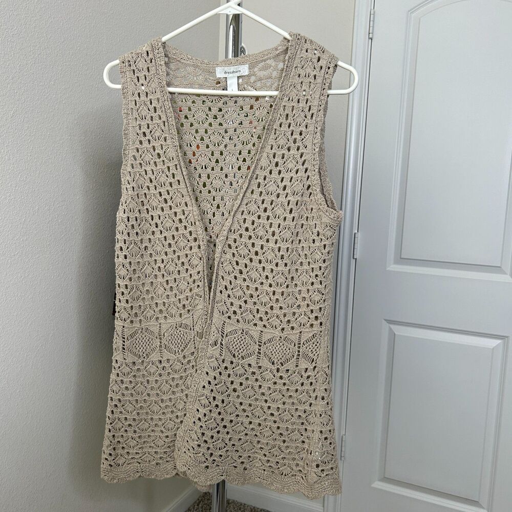 Dressbarn Boho Crochet Knit Vest Beige Longline Open Front Size L Festival